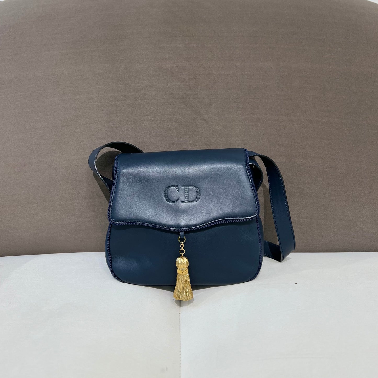 Christian Dior Vintage Navy Leather Cd Logo Shoulder Bag With Golden Fringe Charm