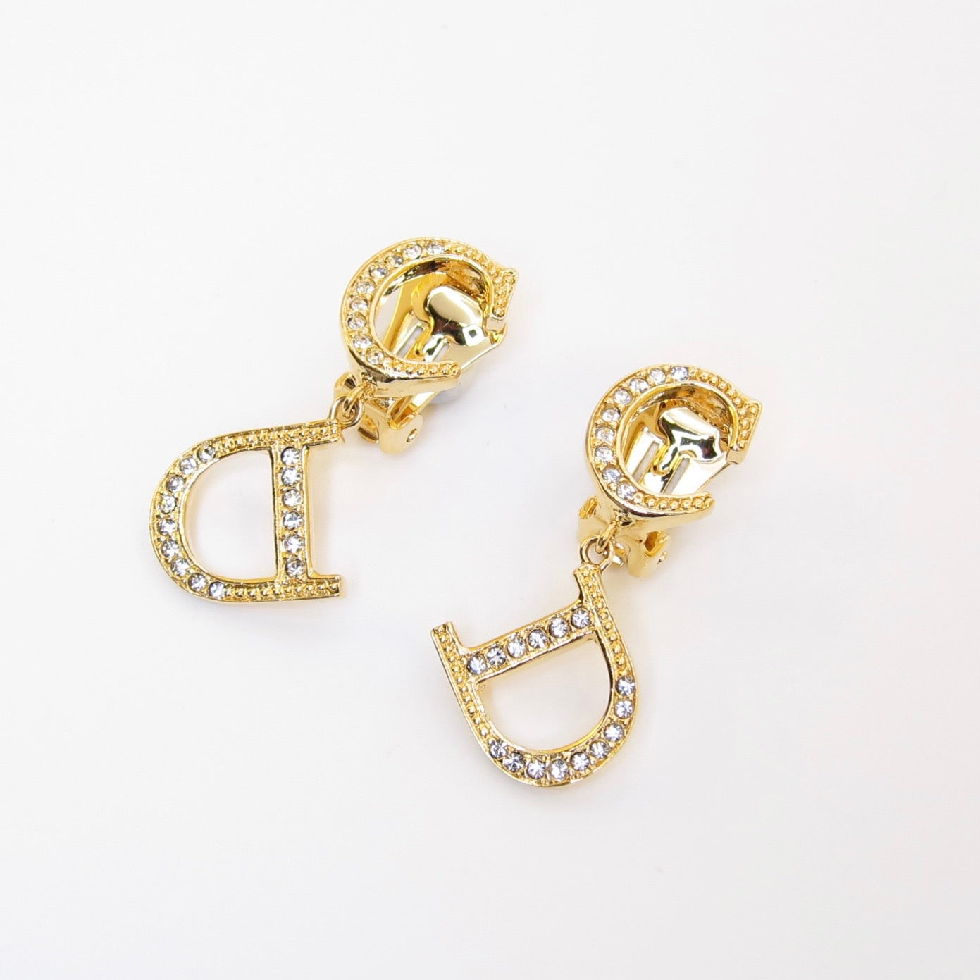 Christian Dior Vintage CD  Logo with Rhinestone Dangle Golden Clip-on Earrings