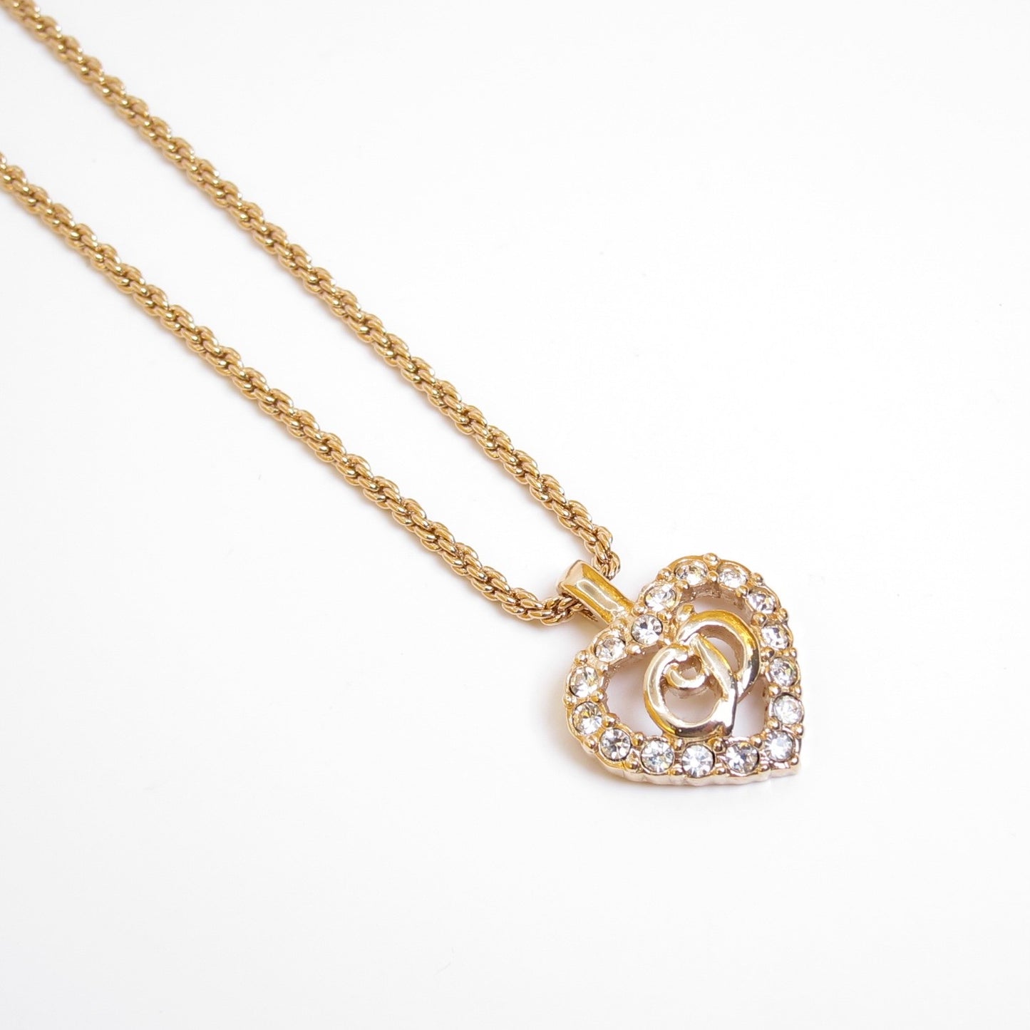 Christian Dior Vintage CD Logo in Heart with Rhinestone Golden Necklace