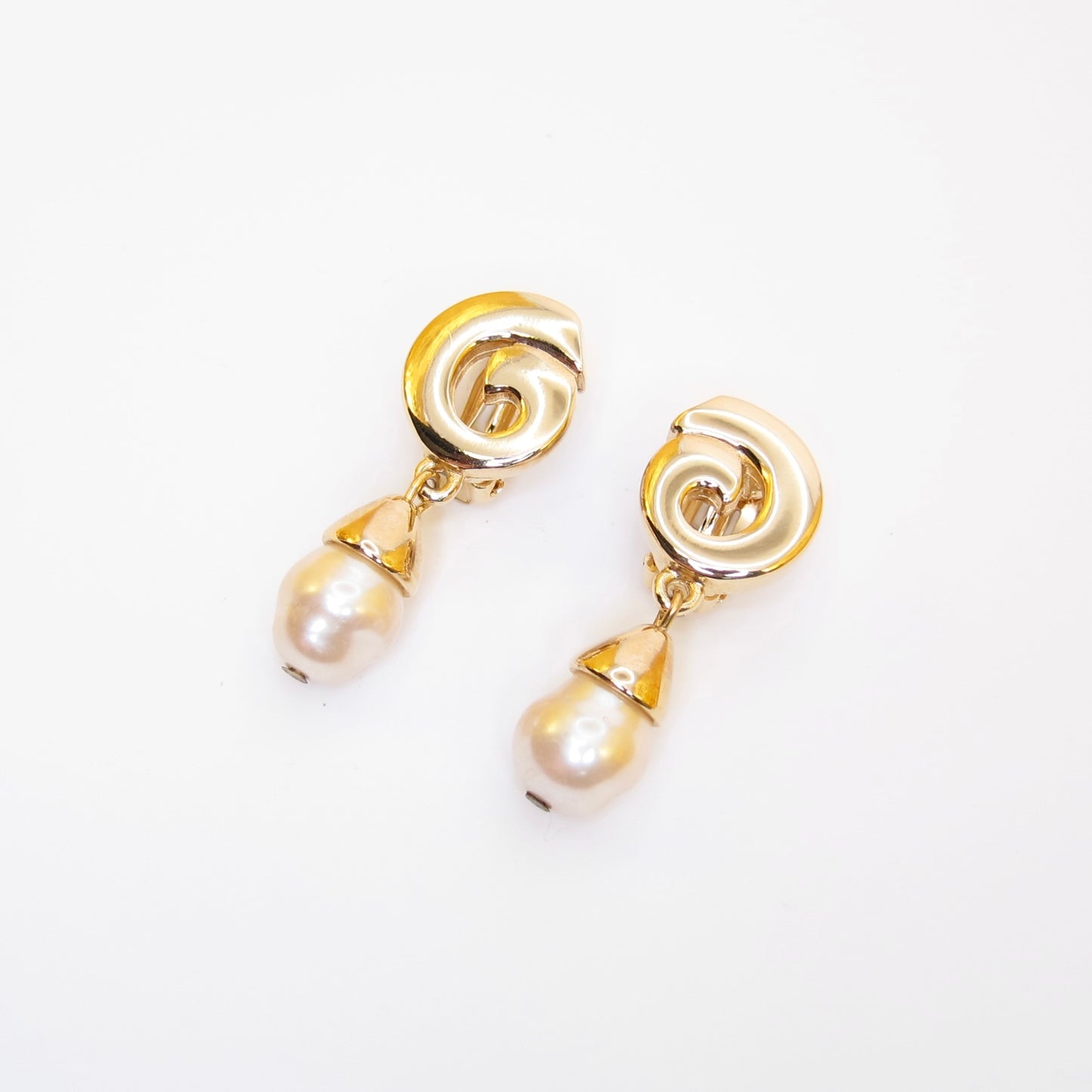 Givenchy Vintage G Logo and Pearl Drop Golden Clip-on Earrings