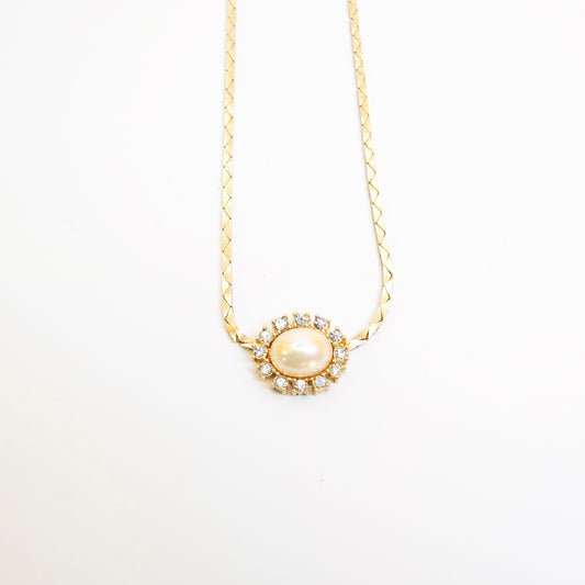 Christian Dior Vintage Oval Shape Pearl and Rhinestone Golden Necklace