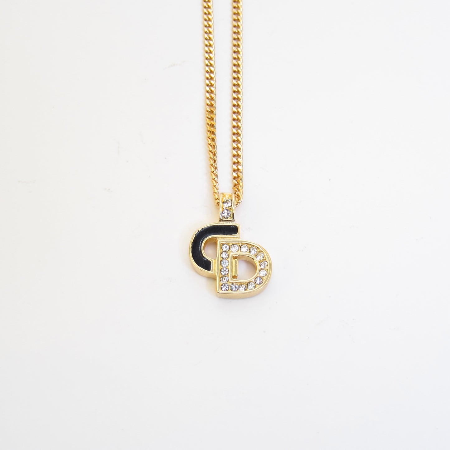 Christian Dior Vintage CD Logo with Black and Rhinestone Golden Necklace