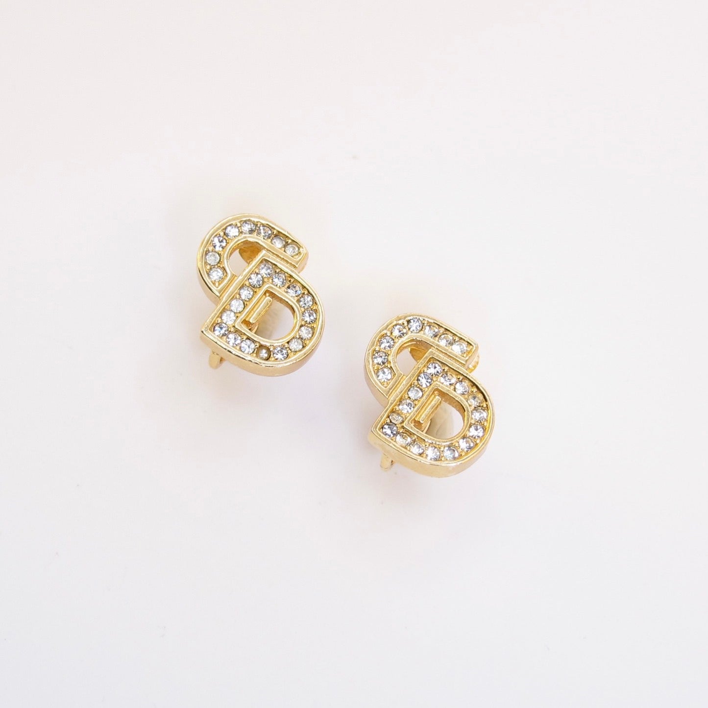 Christian Dior Vintage CD Logo with Rhinestone Golden Clip-on Earrings