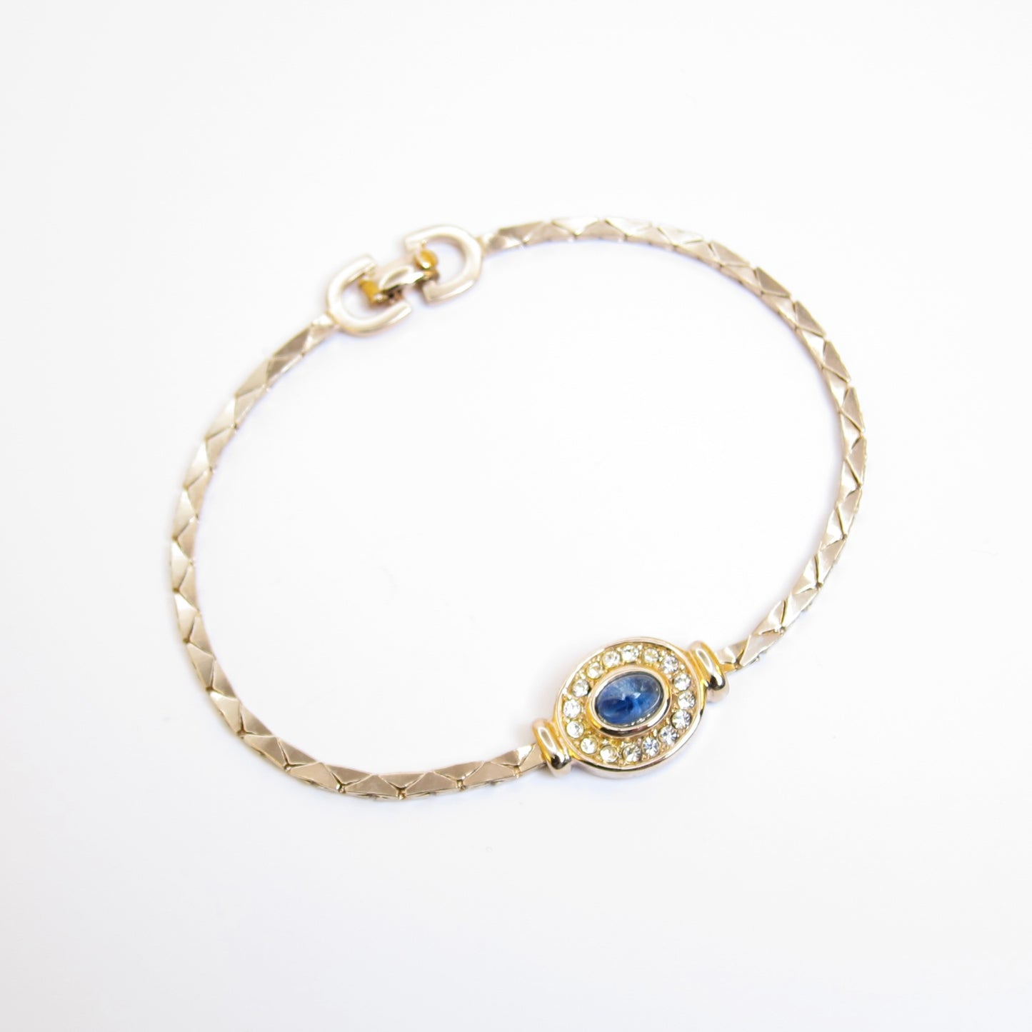 Christian Dior Vintage Oval Shaped Blue Color Stone with Rhinestone Golden Bracelet