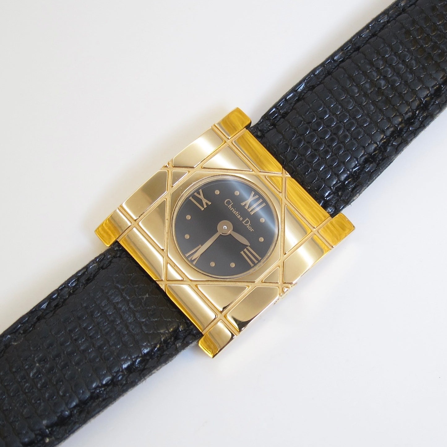 Christian Dior Vintage Cannage Square Black Face with Leather Strap Golden Watch
