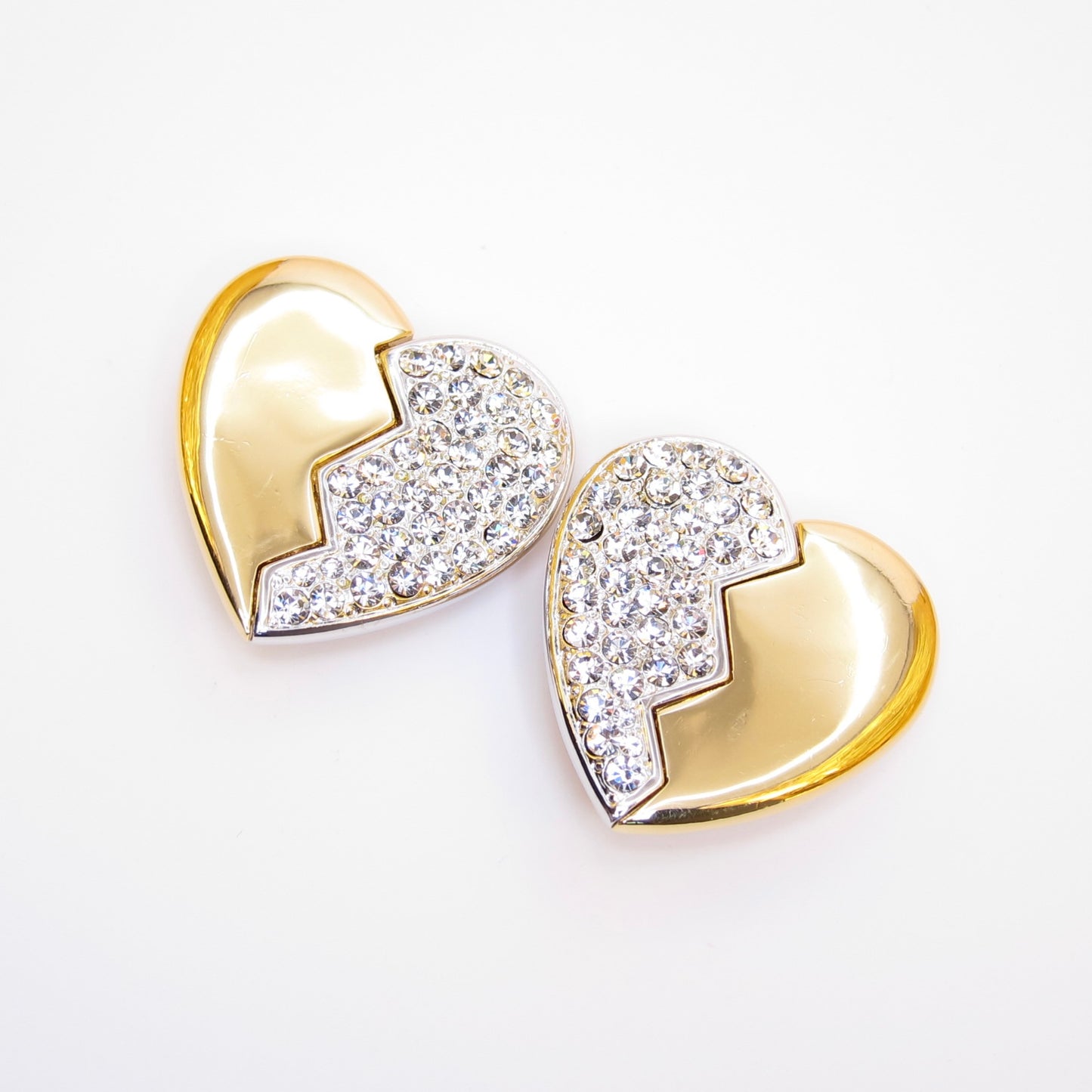 Yves Saint Laurent Vintage Heart Motif Rhinestone and Golden Clip-on Earrings
