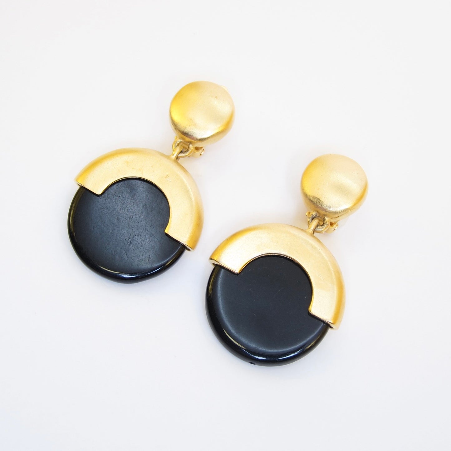 Givenchy Vintage Black Lucite and Satin Golden Drop Clip-on Earrings