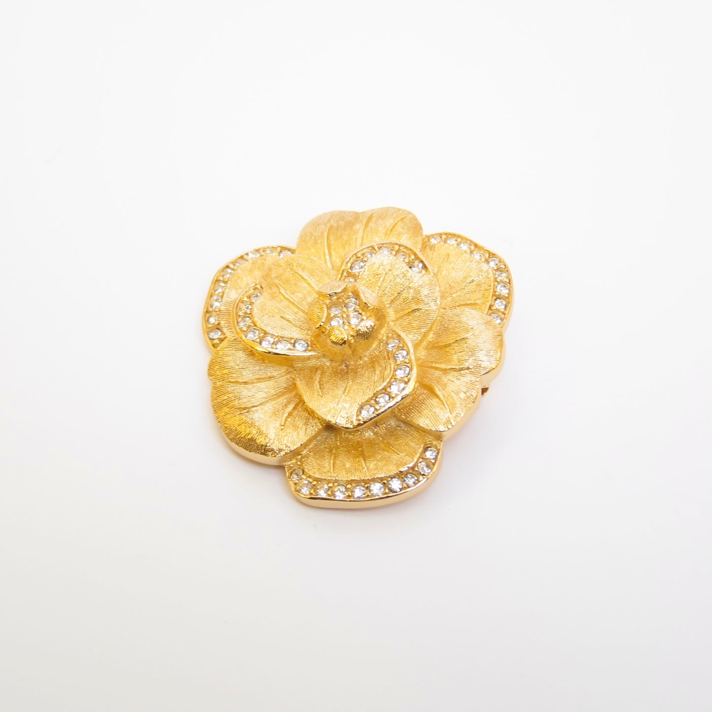 Christian Dior Vintage Flower Motif with Rhinestone Golden Brooch