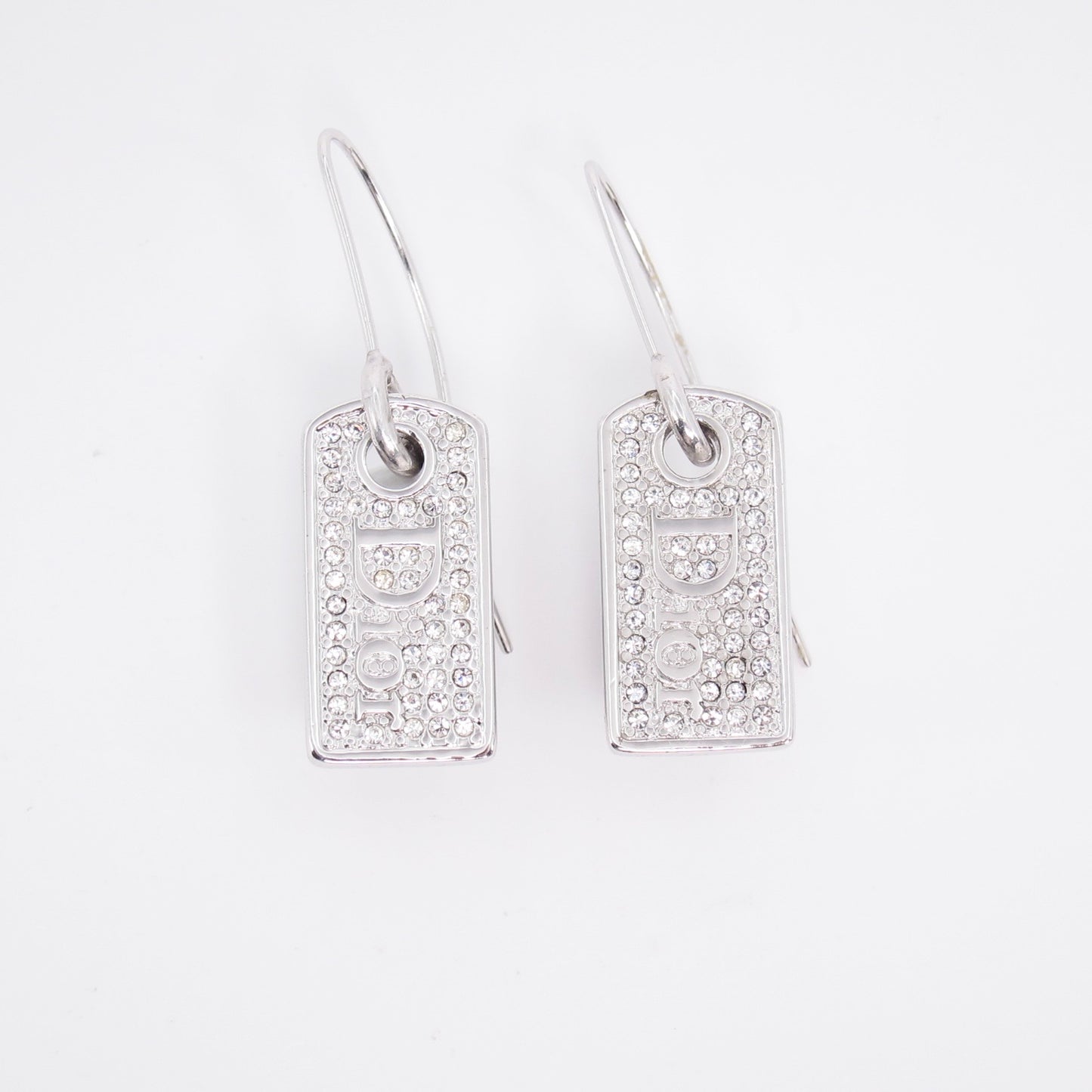 Christian Dior Vintage Dior Logo and Rhinestone Silver Tag Earrings