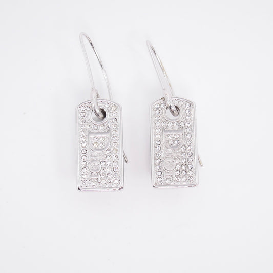 Christian Dior Vintage Dior Logo and Rhinestone Silver Tag Earrings