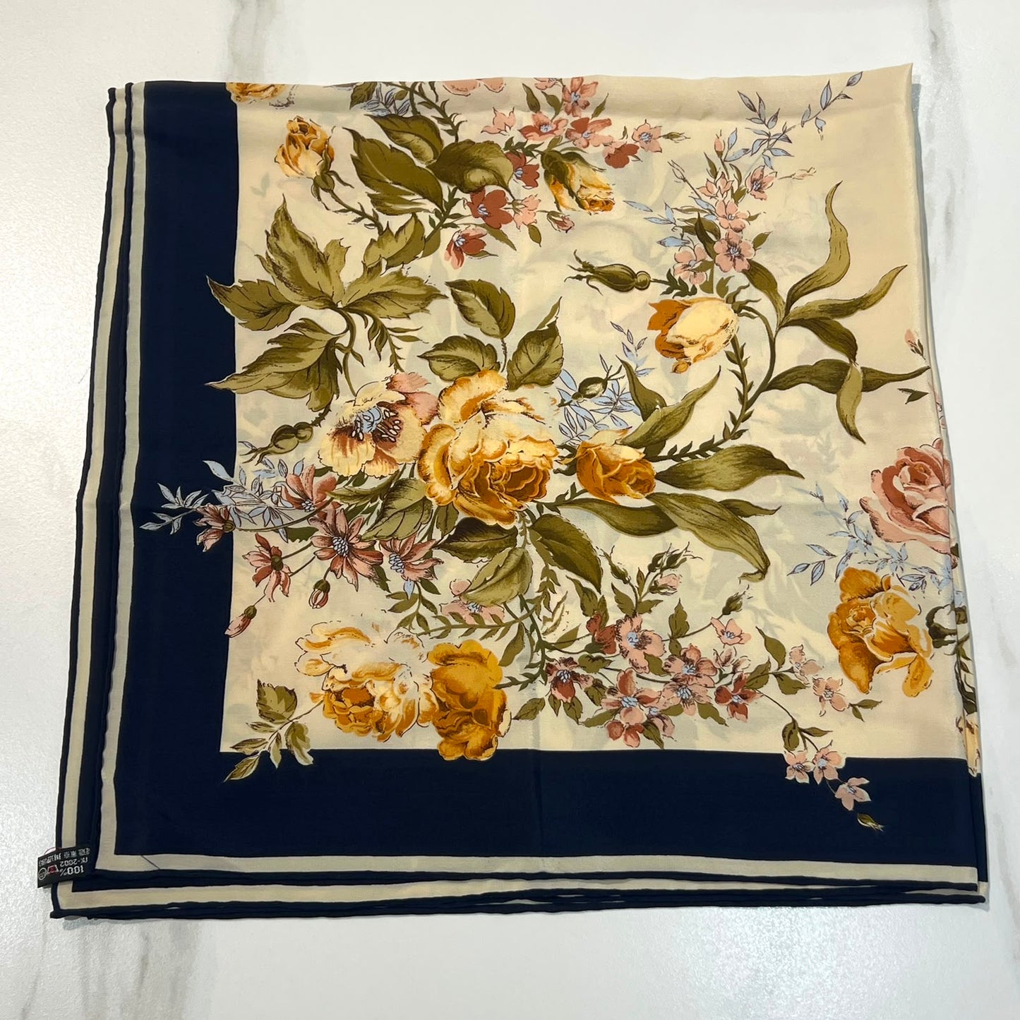 Yves Saint Laurent Vintage Floral Cream & Navy Silk Scarf