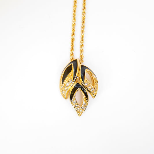 Christian Dior Vintage Leaves Motif with Rhinestone Black and Golden Necklace
