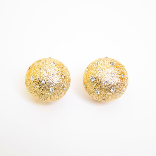 Christian Dior Vintage Round Shape Rhinestone Golden Clip-on Earrings
