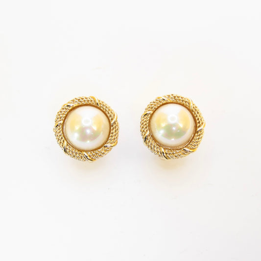 Christian Dior Vintage Round Shape Pearl Golden Clip-on Earrings