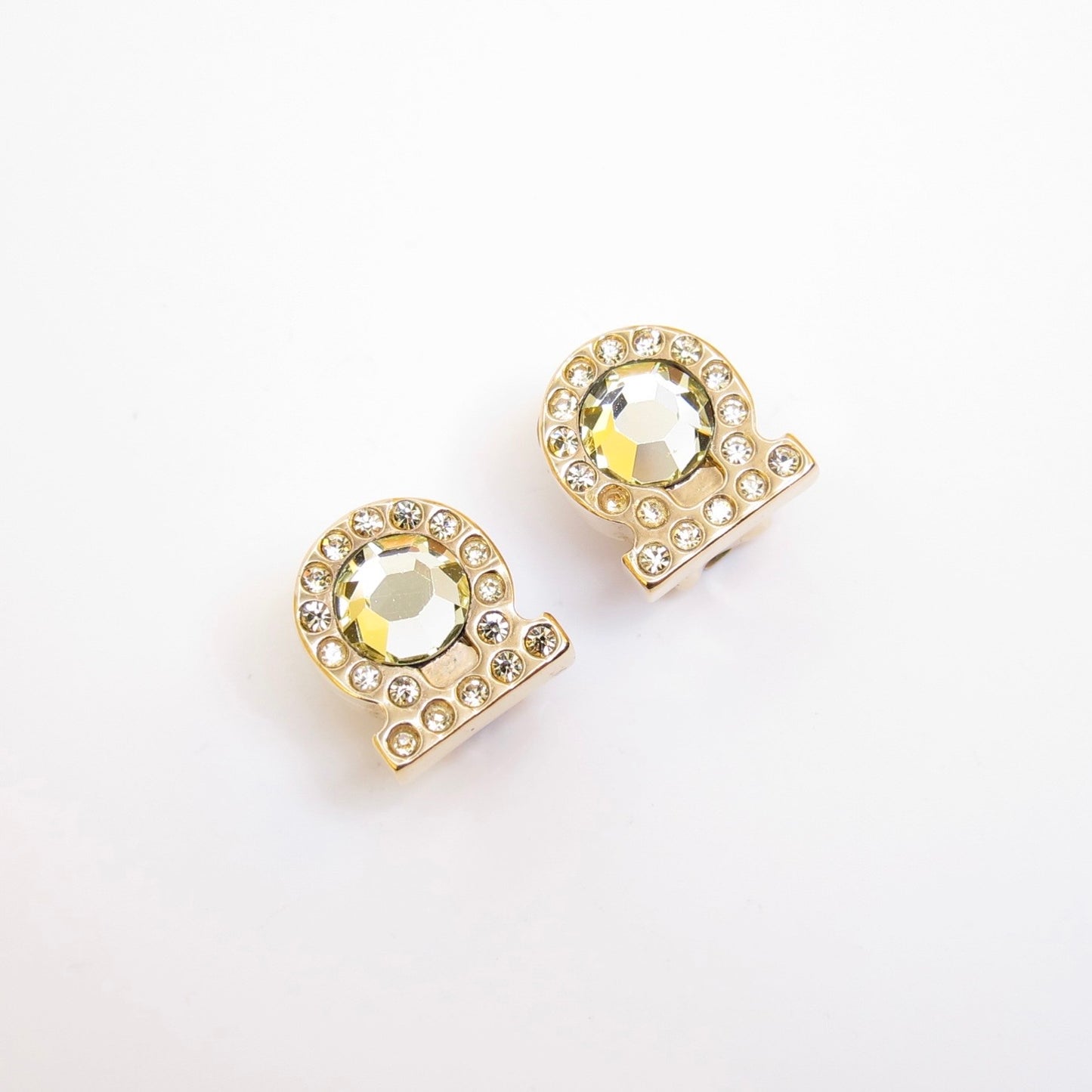 Ferragamo Vintage Gancini with Rhinestone Golden Clip-on Earrings
