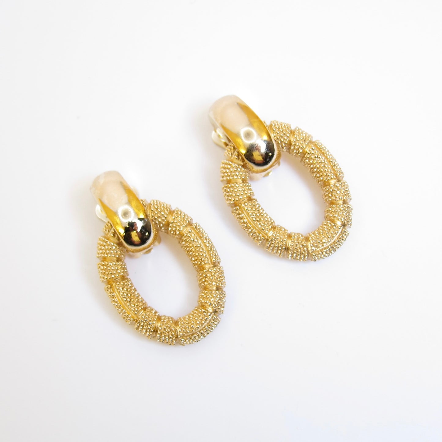 Christian Dior Vintage Textured Oval Door Knocker Golden Clip-on Earrings