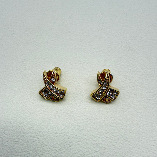 Christian Dior Vintage CD Logo and Rhinestone Golden Earrings