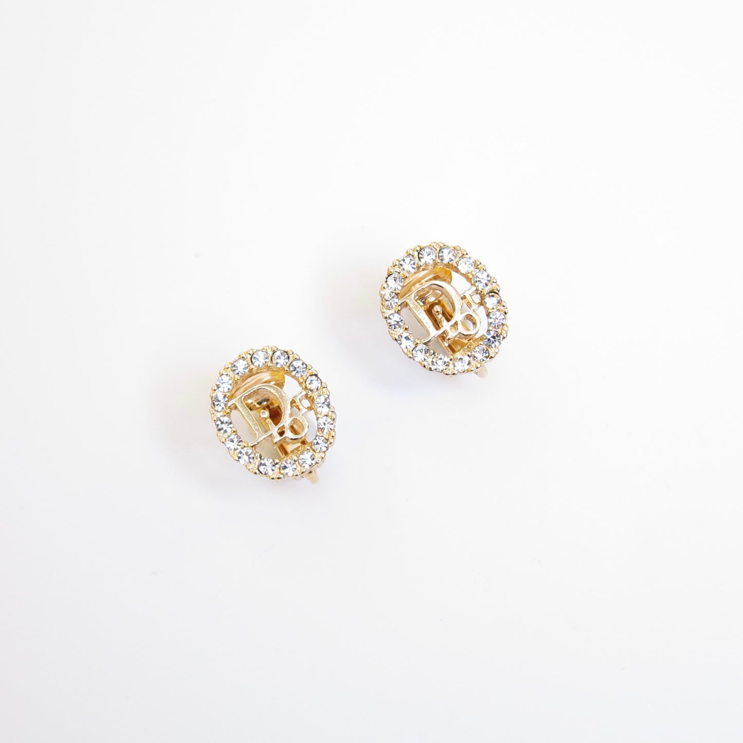 Christian Dior Vintage Dior Logo in Oval Shape with Rhinestone Golden Clip-on Earrings
