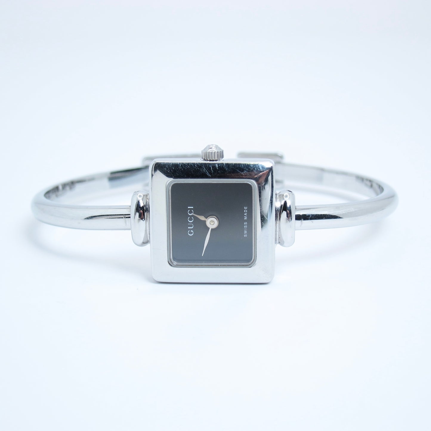 Gucci Vintage Square Black Face Silver Bangle Watch