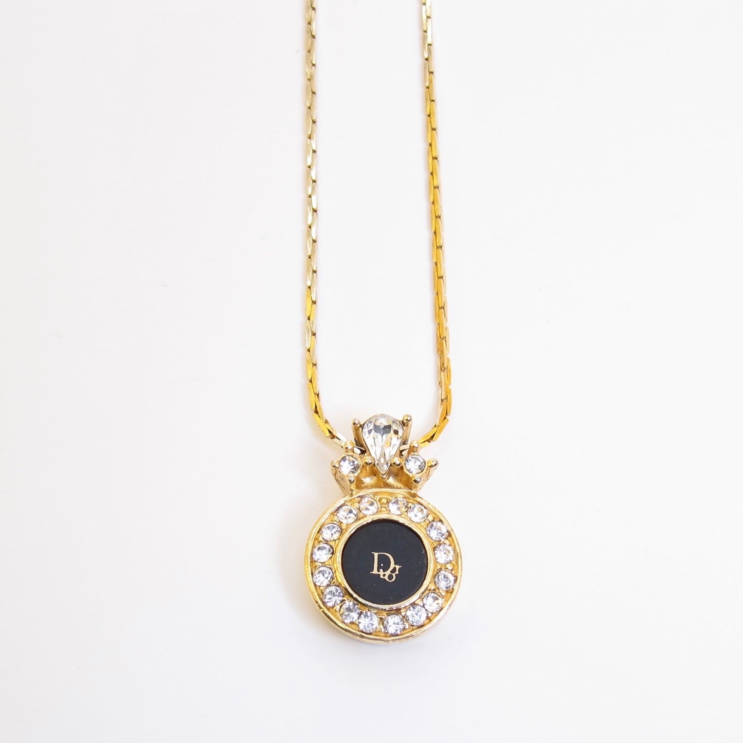 Christian Dior Vintage Dior Logo on Round Shaped Black and Rhinestone Golden Necklace