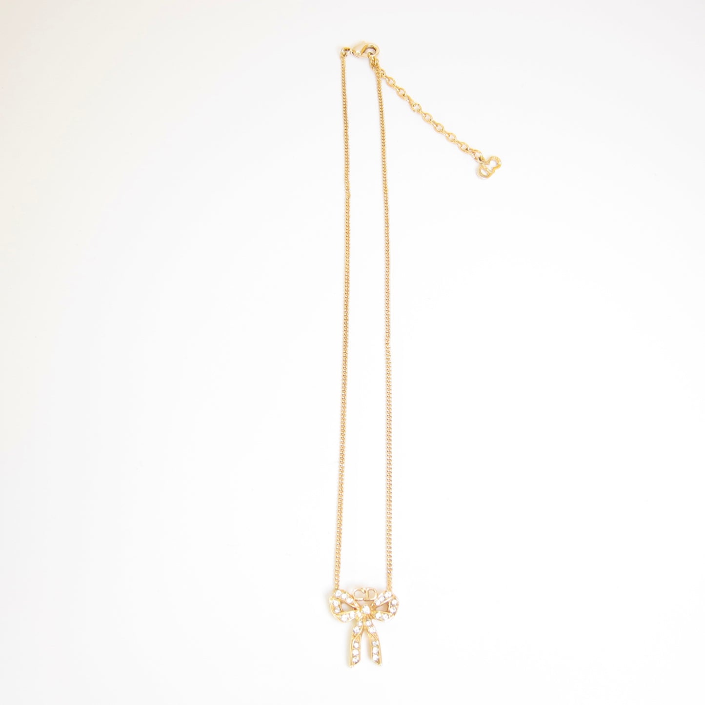 Christian Dior Vintage CD Logo and Ribbon with Rhinestone Golden Necklace