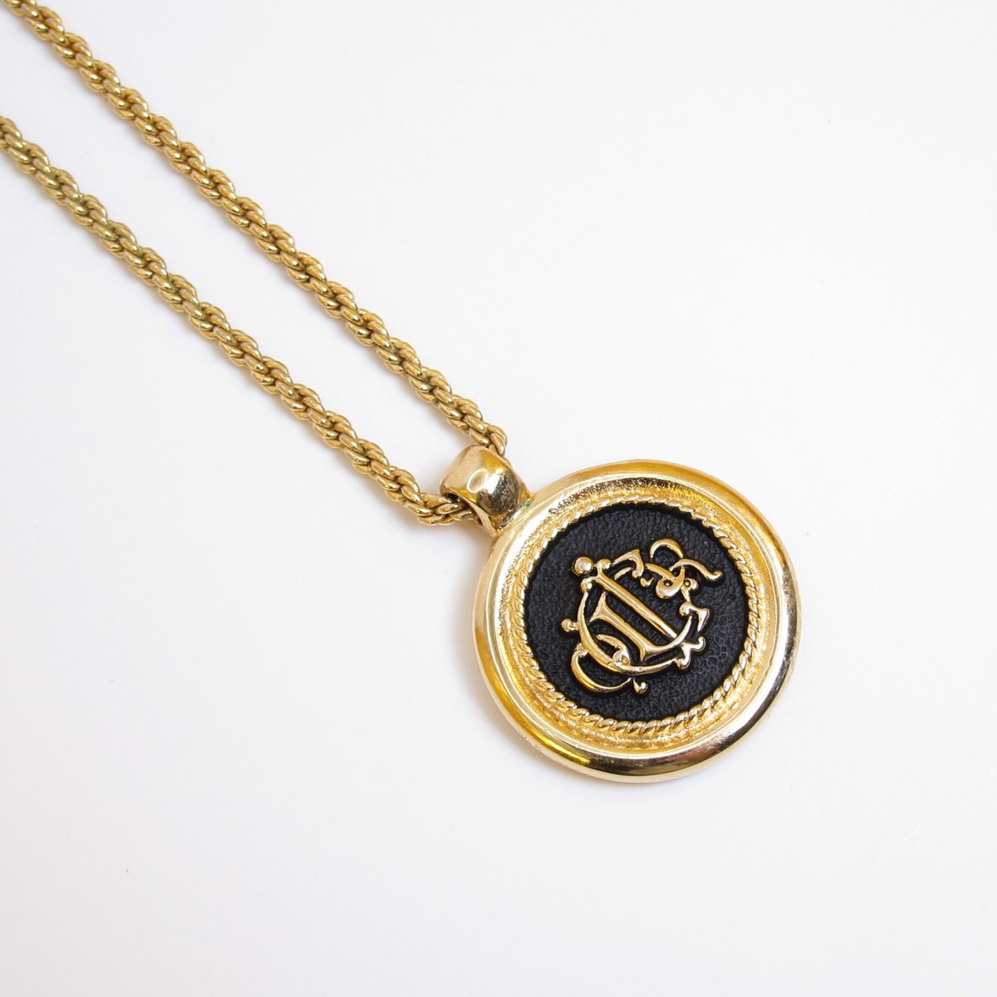 Christian Dior Vintage Dior Logo on Black and Golden Circle Pendant Necklace