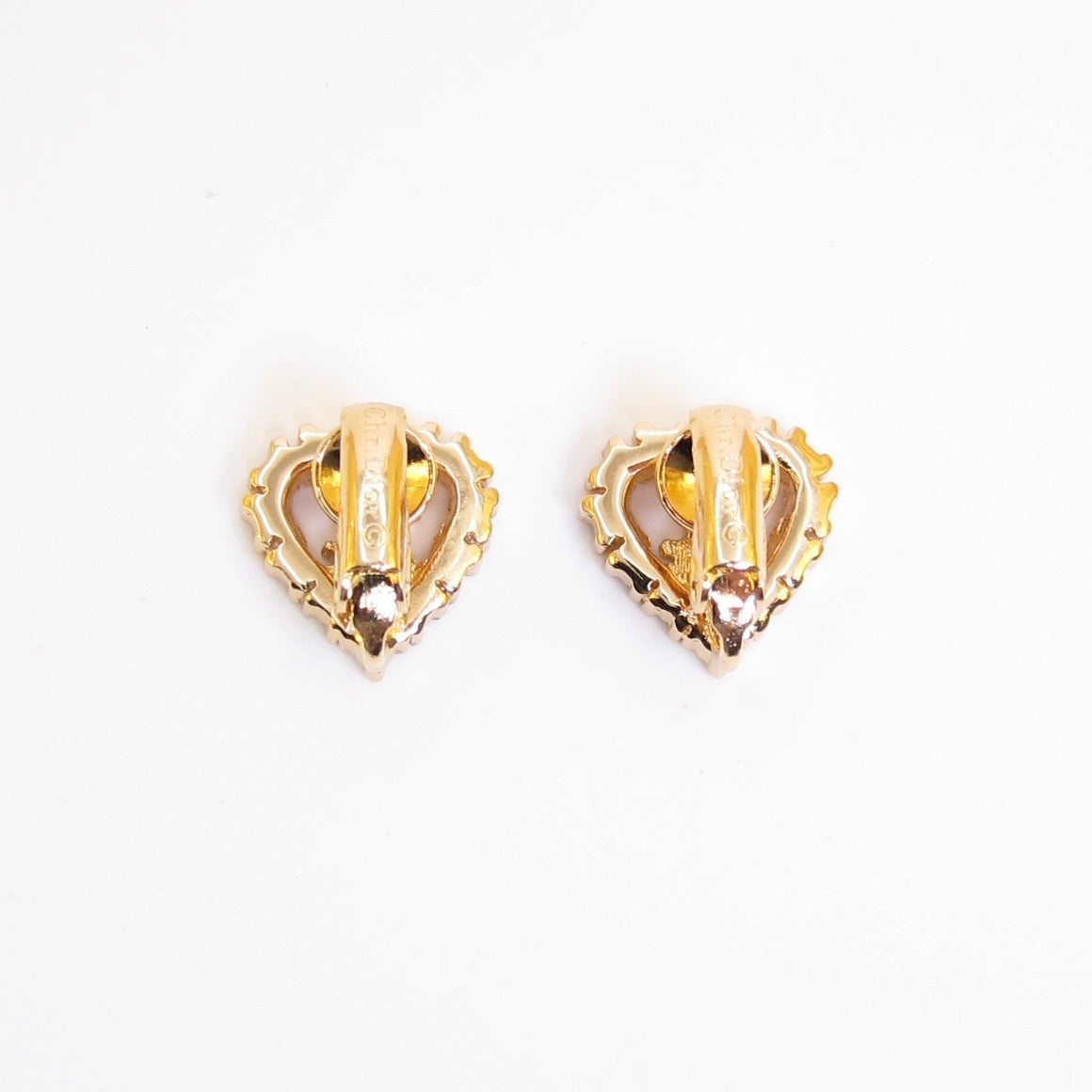 Christian Dior Vintage Dior Logo in Heart with Rhinestone Golden Clip-on Earrings