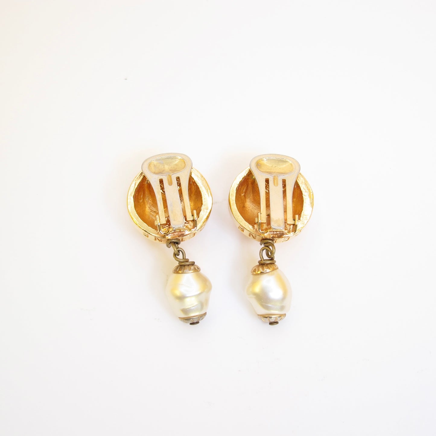 Celine Vintage Round Shape and Pearl Dangling Golden Clip-on Earrings