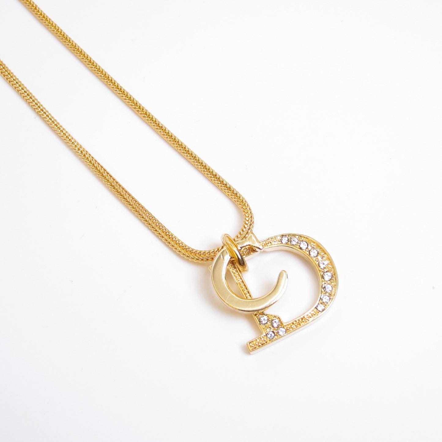 Christian Dior Vintage CD Logo with Rhinestone Golden Necklace