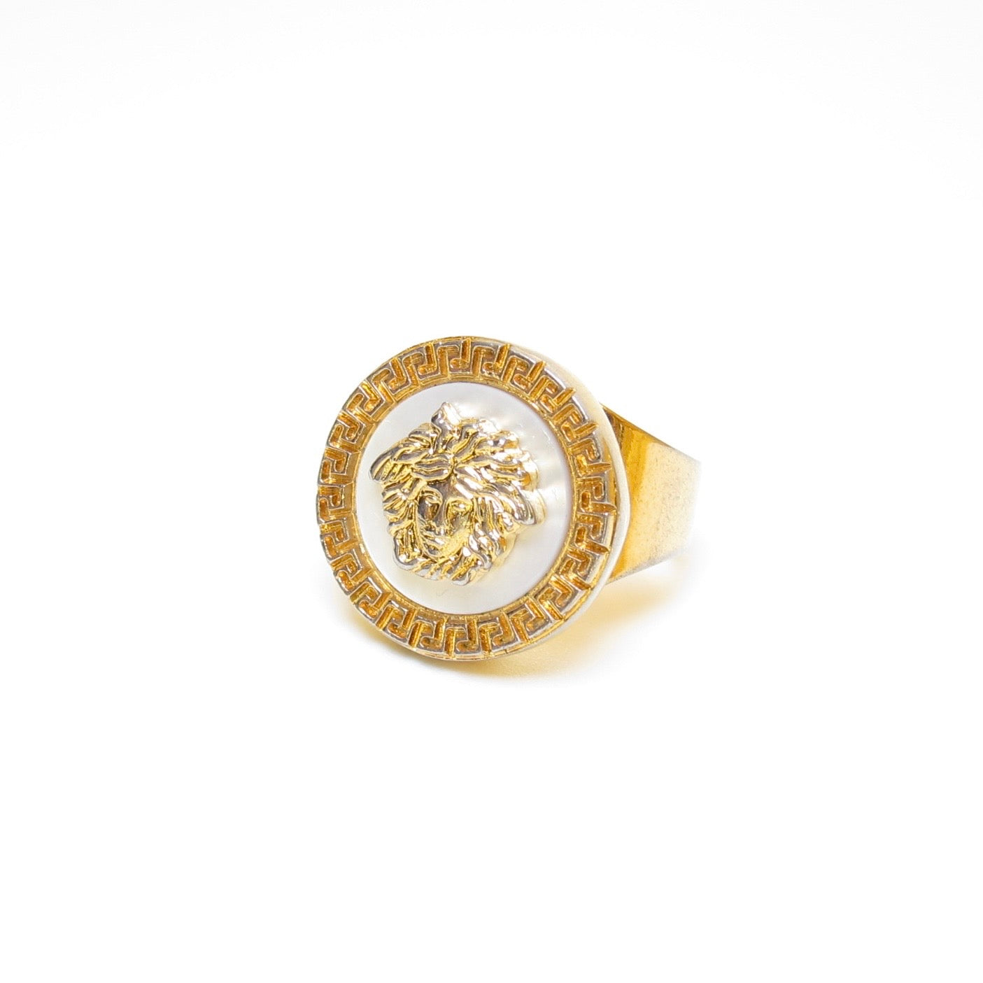 Versace Vintage Gold-Tone Medusa Greek Key Ring Size 53