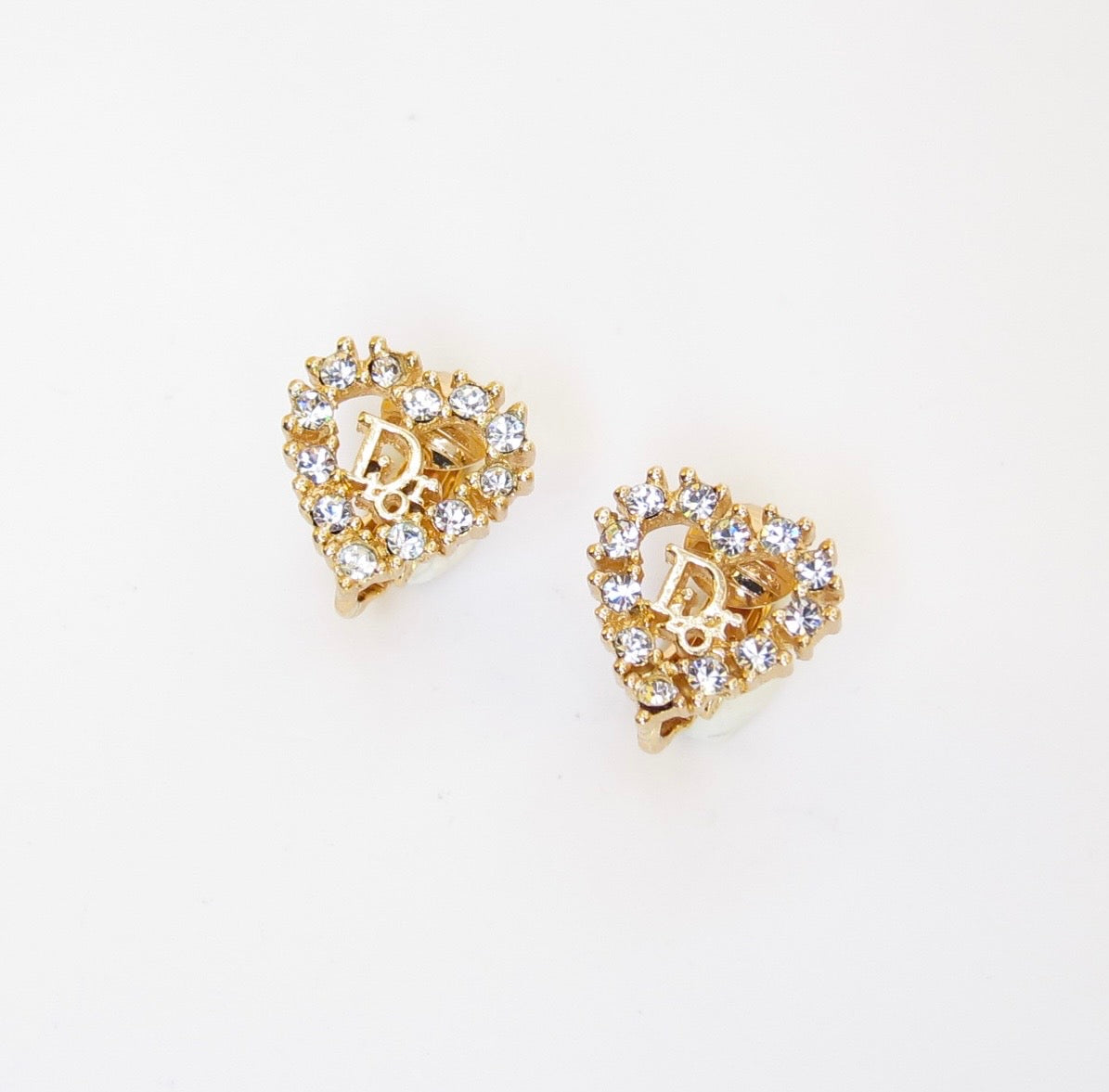 Christian Dior Vintage Dior Logo in Heart with Rhinestone Golden Clip-on Earrings