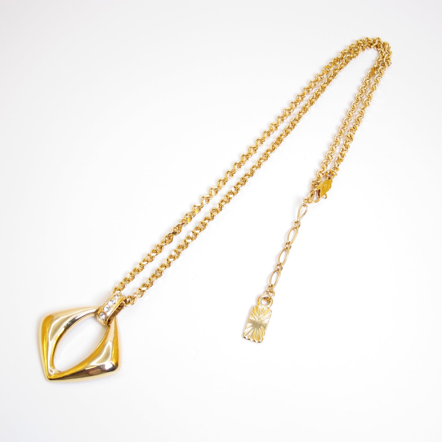 Yves Saint Laurent Vintage Rhombus and Rhinestone Pendant Golden Long Necklace