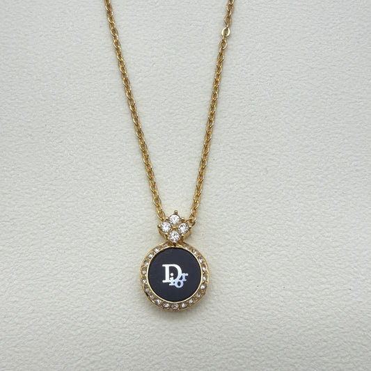 Christian Dior Vintage Dior Logo in Black Circle with Rhinestone Golden Necklace