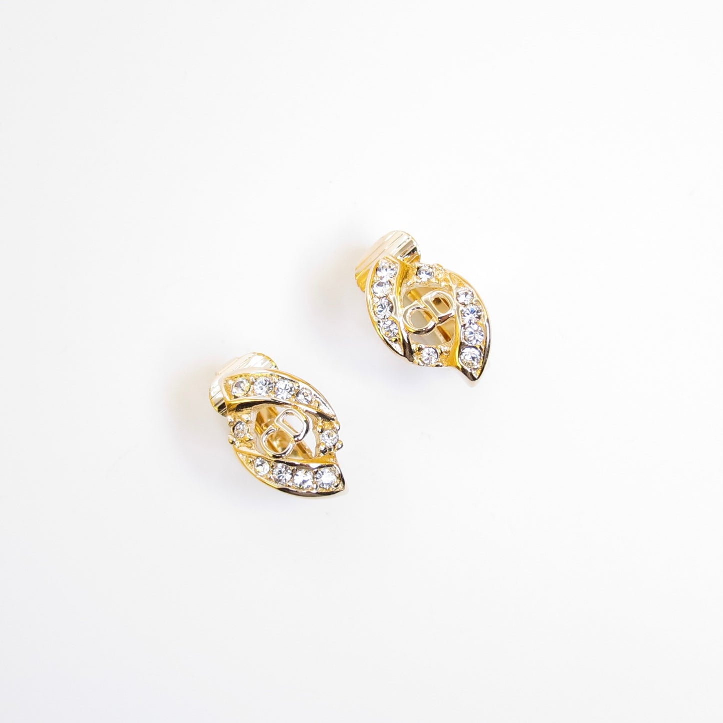 Christian Dior Vintage CD Logo and Rhinestone Golden Clip-on Earrings