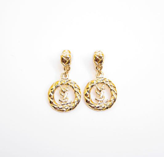 Yves Saint Laurent Vintage YSL Logo in Circle Dangle Golden Clip-on Earrings
