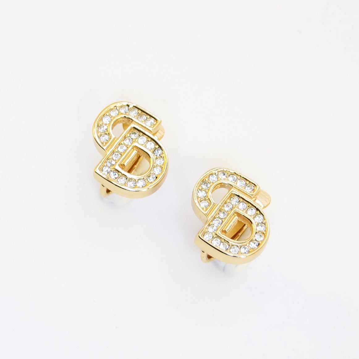 Christian Dior Vintage CD Logo with Rhinestone Golden Clip-on Earrings