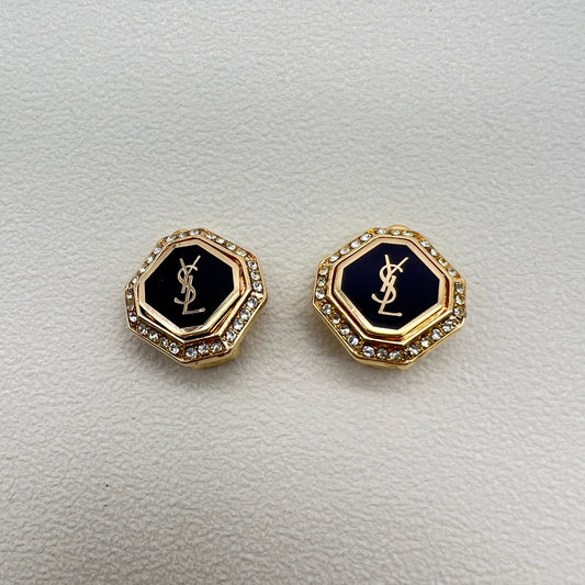 Yves Saint Laurent Vintage Ysl Logo Black and Rhinestone Golden Clip-on Earrings