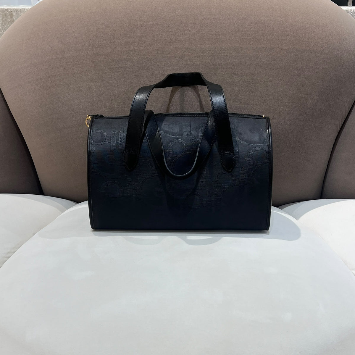 Christian Dior Vintage Black PVC Leather Gold Ring Boston Bag