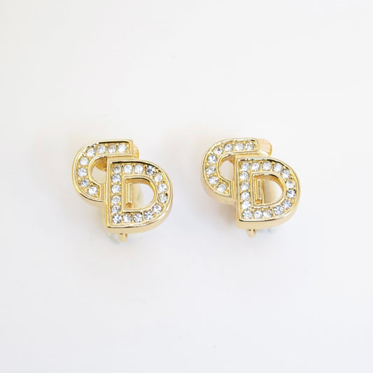 Christian Dior Vintage CD Logo with Rhinestone Golden Clip-on Earrings