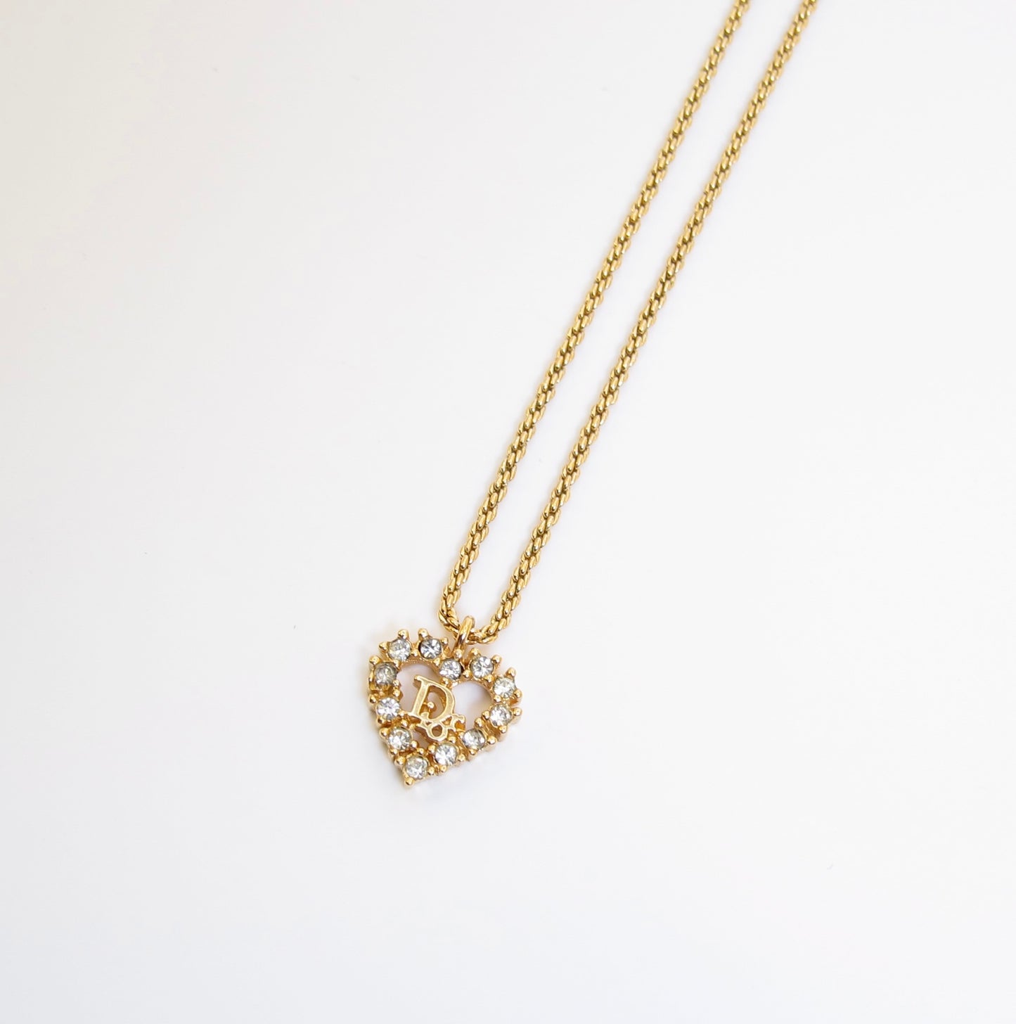 Christian Dior Vintage Dior Logo in Heart with Rhinestone Golden Necklace