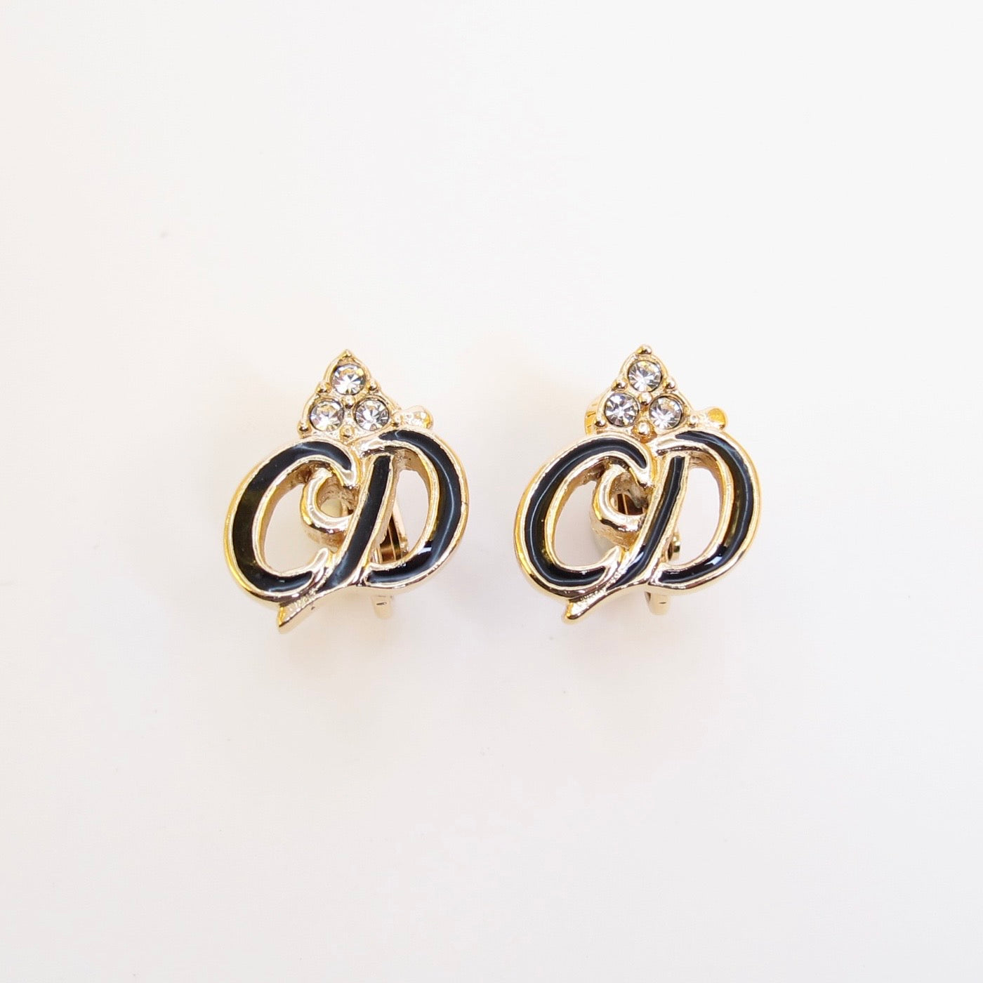 Christian Dior Vintage CD Logo Black and Rhinestone Golden Clip-on Earrings