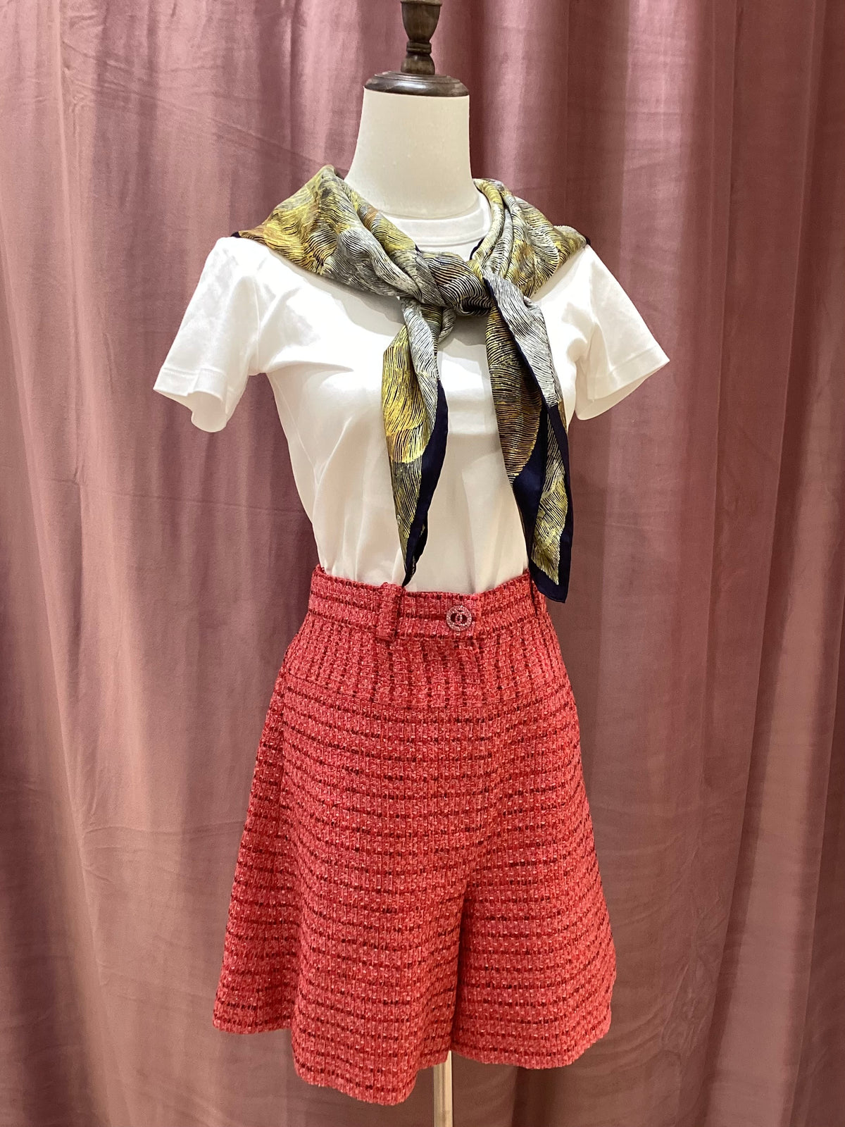 Chanel Vintage Unused Red Twill Woven High-Waisted Shorts with Rhinestone Buttons
