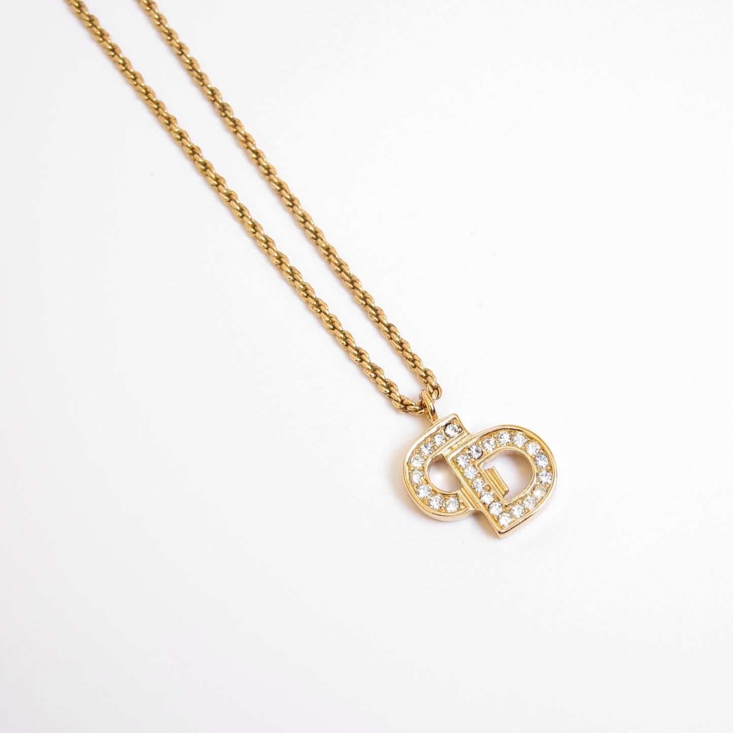 Christian Dior Vintage CD Logo with Rhinestone Golden Necklace