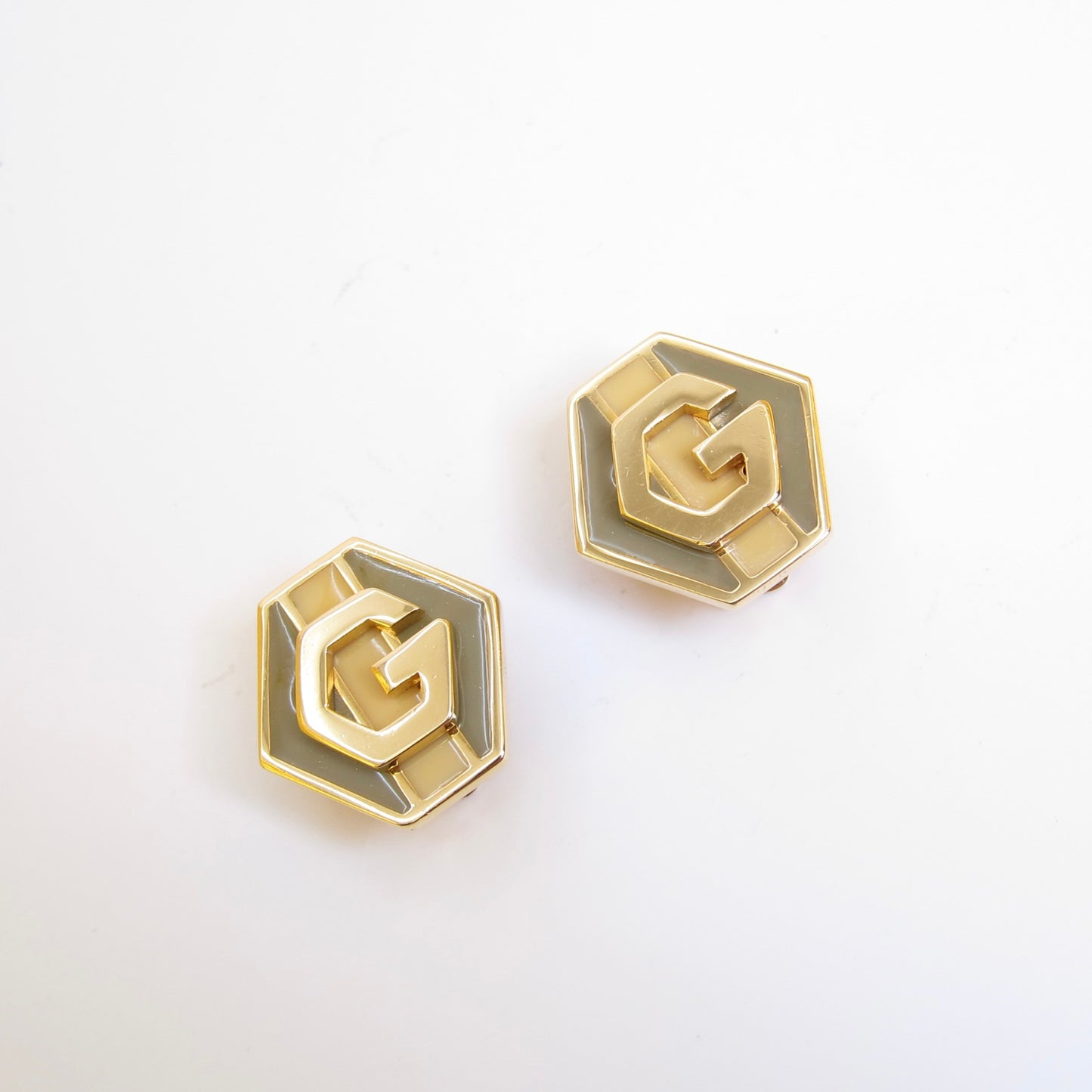 Givenchy Vintage G Logo on Hexagon Grey and Beige Golden Clip-on Earrings