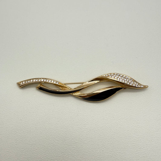 Christian Dior Vintage Leaf Motif Black and Rhinestone Golden Brooch