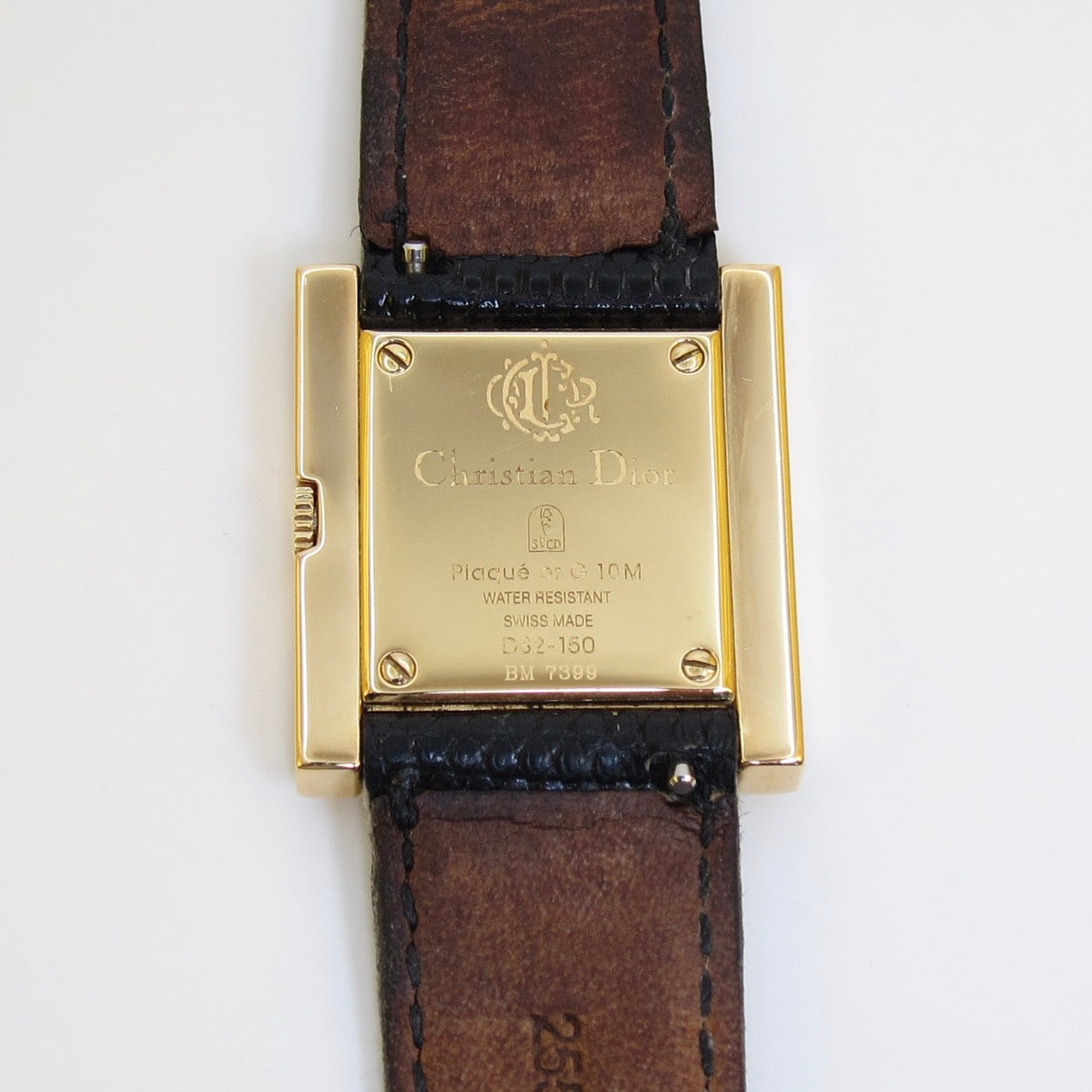 Christian Dior Vintage Cannage Square Black Face with Leather Strap Golden Watch