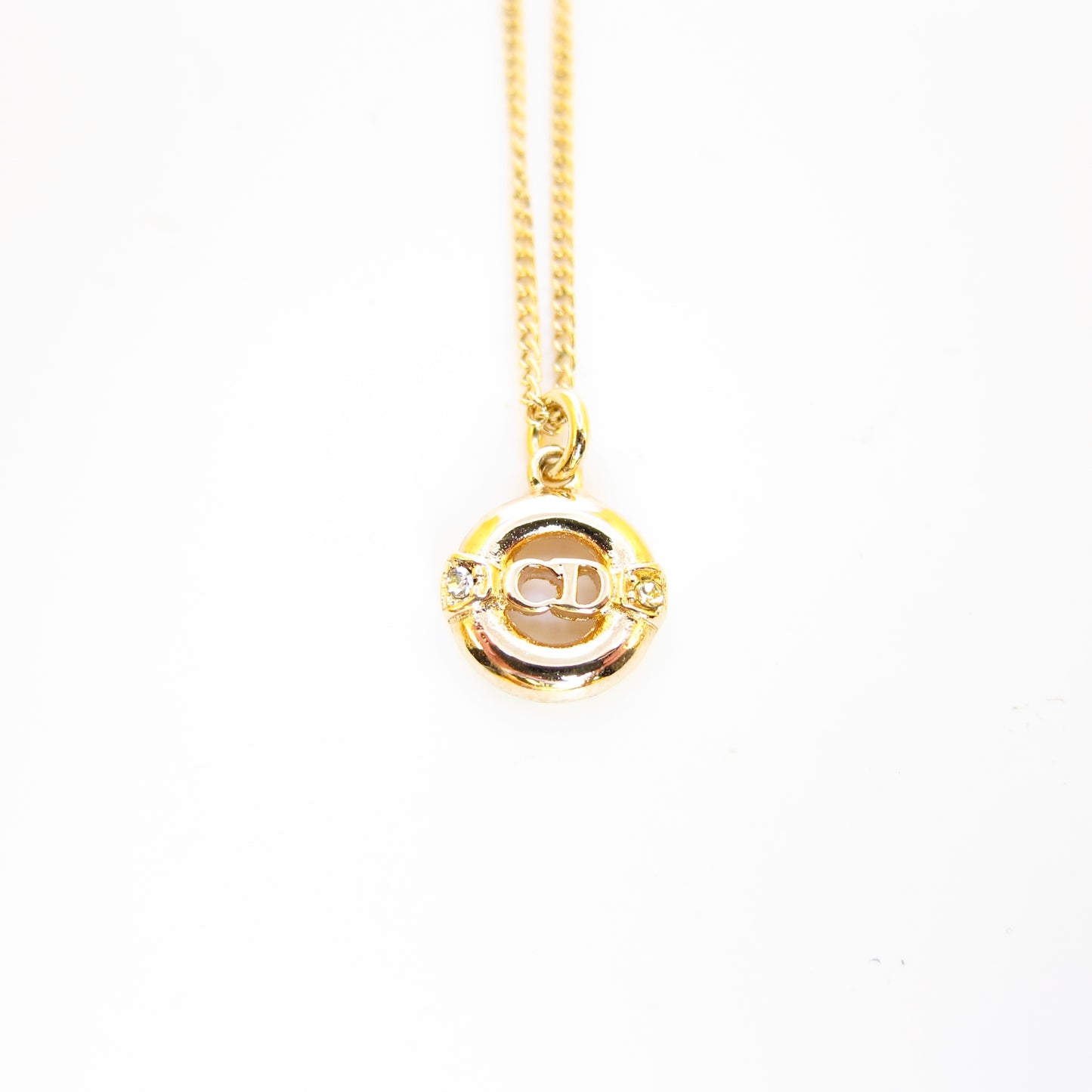 Christian Dior Vintage CD Logo in Circle with Rhinestone Golden Necklace