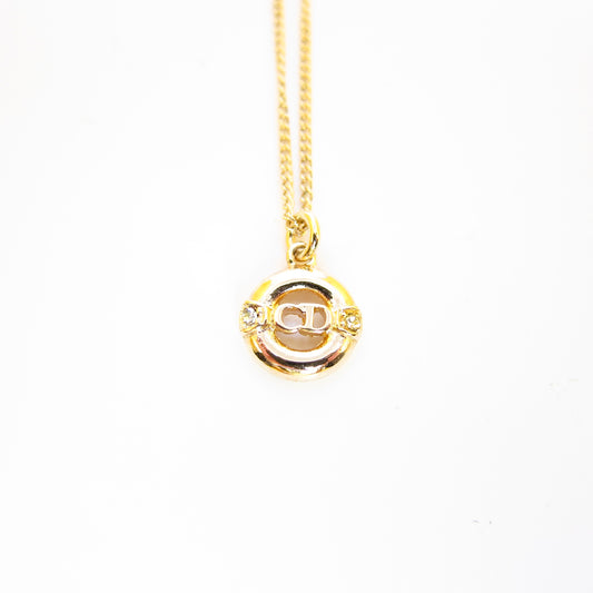 Christian Dior Vintage CD Logo in Circle with Rhinestone Golden Necklace