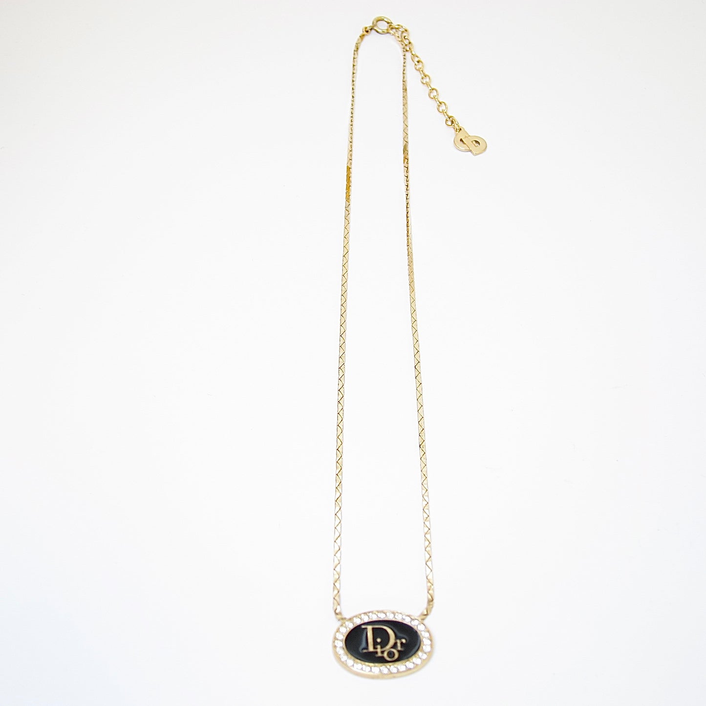 Christian Dior Vintage Dior Logo on Oval Shape Black and Rhinestone Golden Necklace