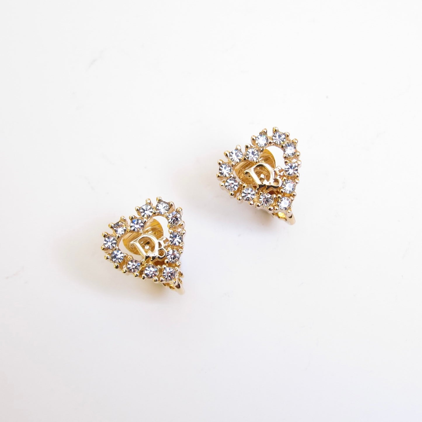 Christian Dior Vintage Dior Logo in Heart with Rhinestone Golden Clip-on Earrings